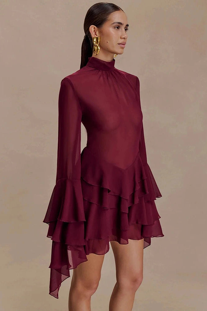 Glorol - See Through Turtleneck Long Sleeve Mini Dress