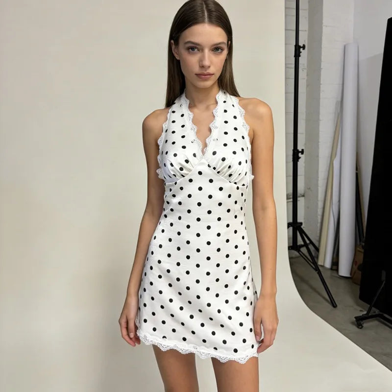 Glorol - Lace-Up Polka Dot V-Neck Patchwork Backless Mini Dress