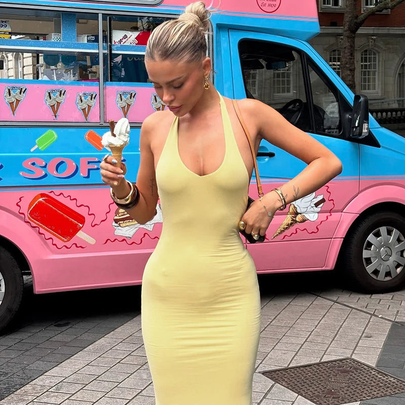 Glorol - Deep V-Neck High Waisted Backless Maxi Dress