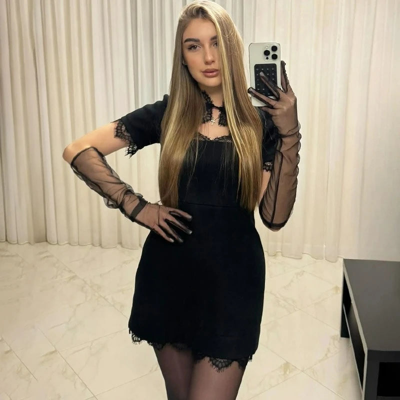 Glorol - Elegant Hollow Out Patchwork High Waist Mini Dress