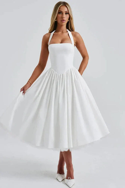 Backless Square Collar Sleeveless High Waist A-Line Midi Dress