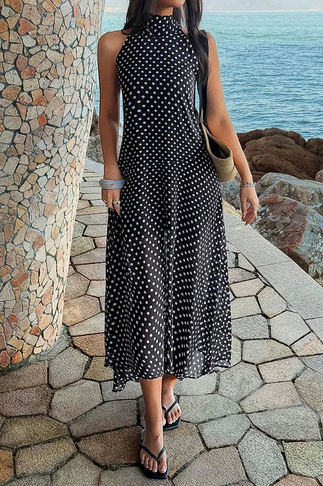 Polka Dot Printed High Waist Pleated Maxi Dress