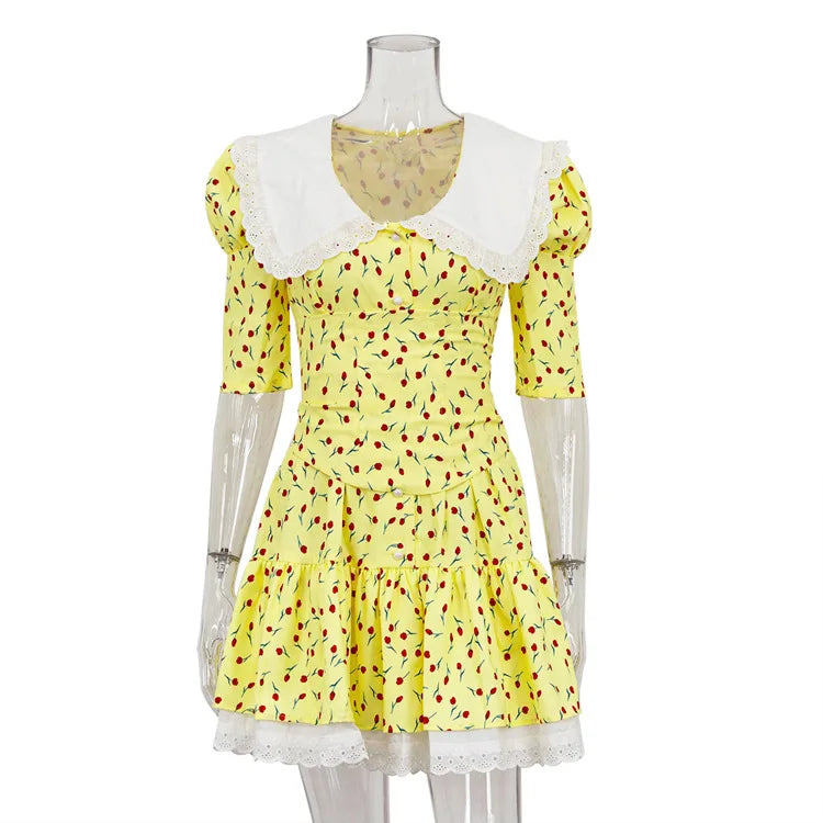 Glorol - Short Sleeve Lace High Waist Mini Dress