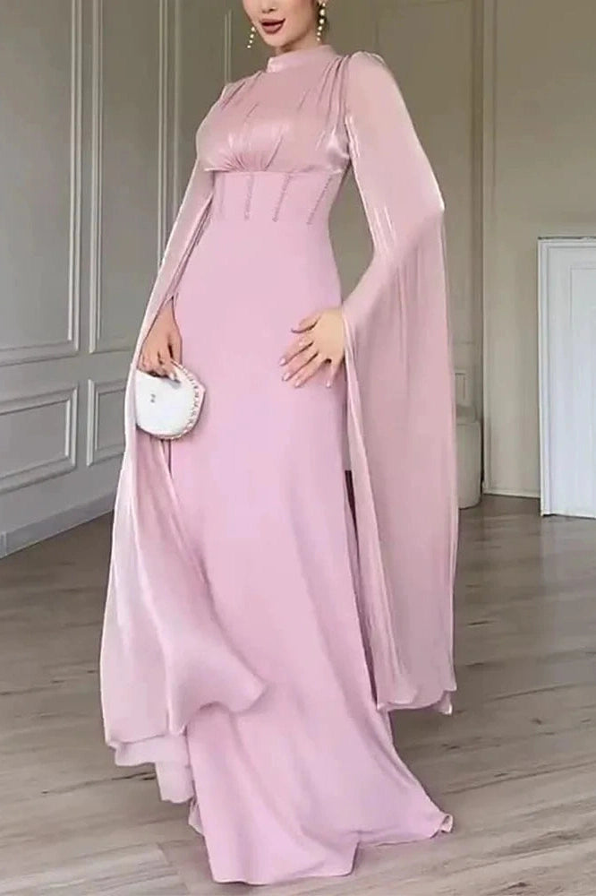 Glorol - Elegant O-Neck Split Sleeve Slim Pleated High Waist Maxi Dress