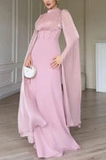 Glorol - Elegant O-Neck Split Sleeve Slim Pleated High Waist Maxi Dress