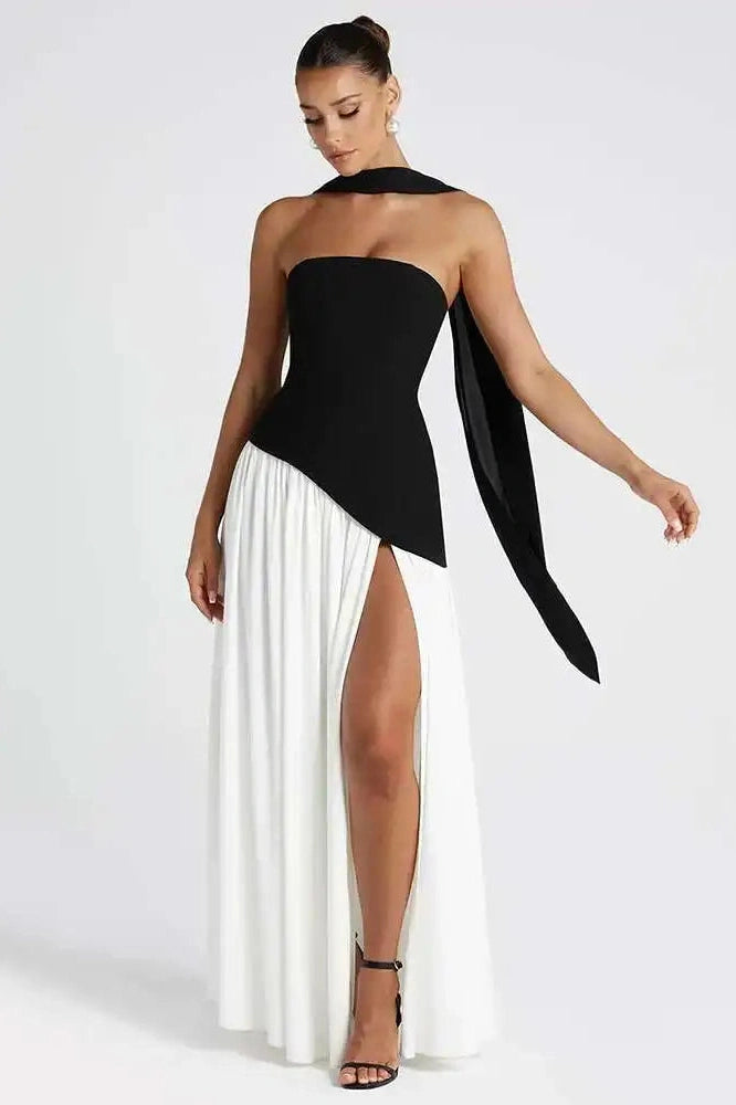 Glorol - Strapless Off-Shoulder Patchwork Scarf Collar High Split Maxi Dress