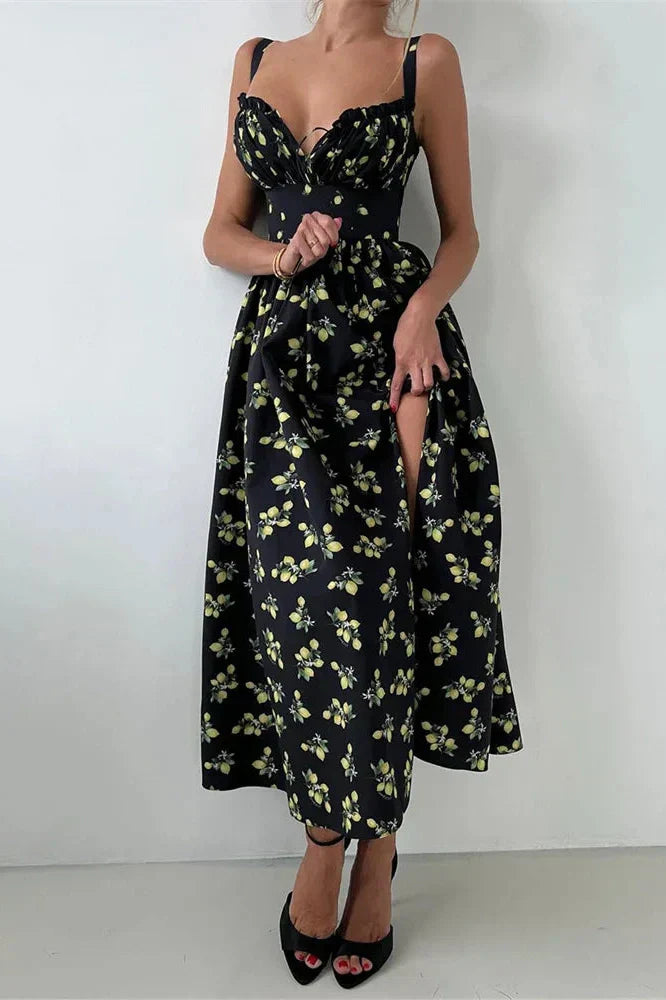V-Neck Printed Lace-Up Sleeveless Bodycon Maxi Dress