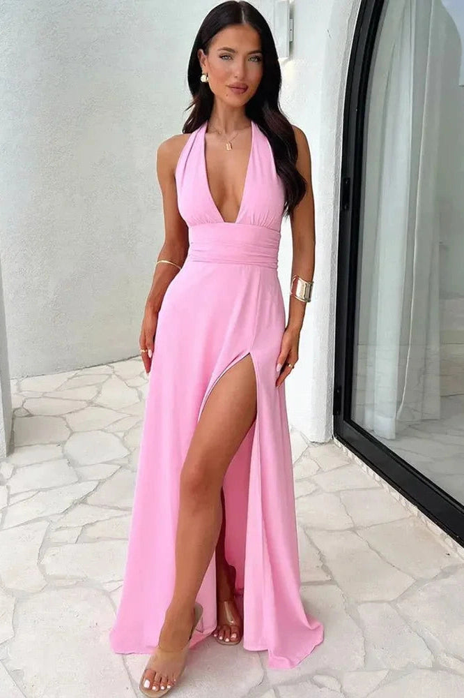Glorol - Elegant Backless Lace Up High Waist Split Maxi Dress