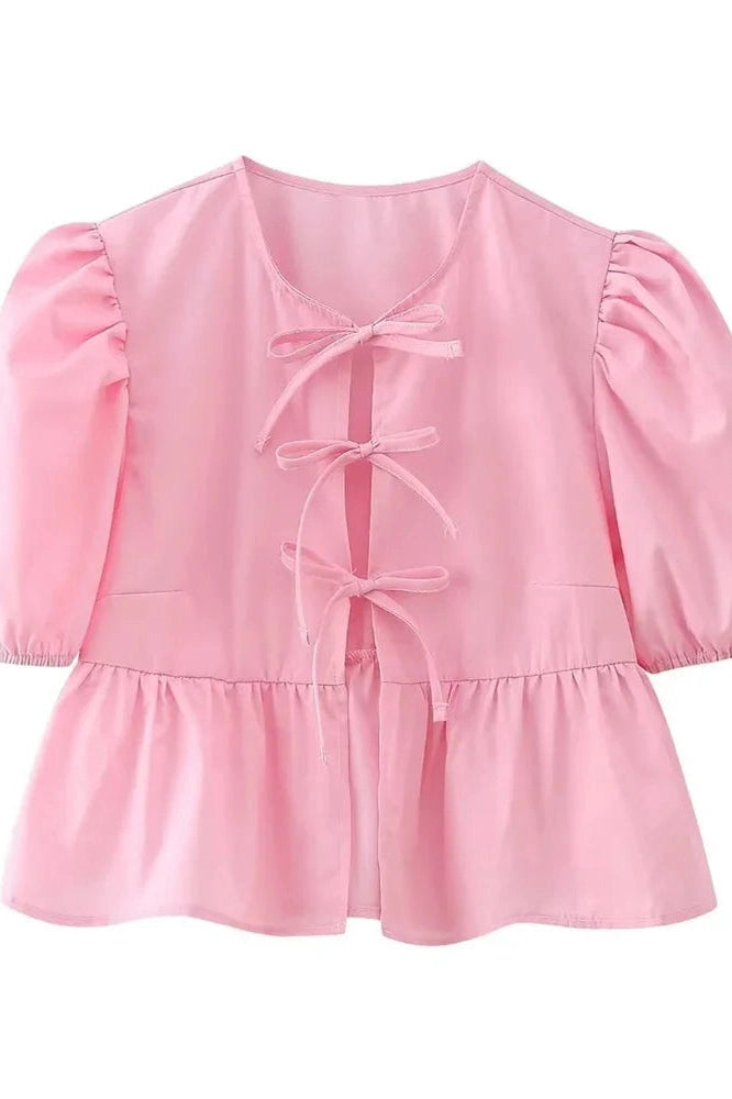 Glorol - Hollow Out Printed Short Sleeve Lace-Up Slim Top