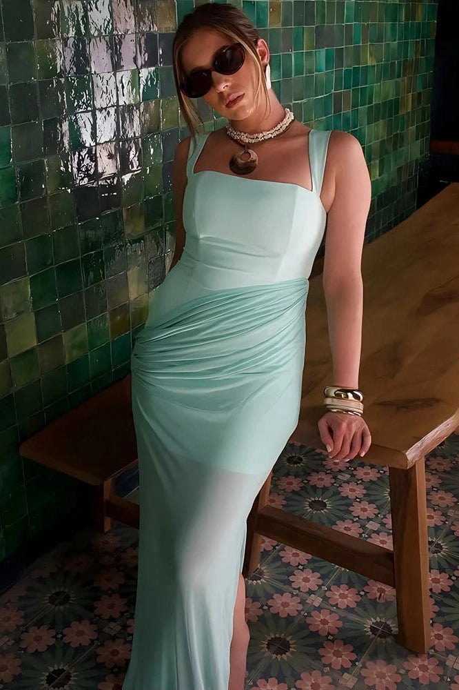 Glorol - Patchwork Square Collar Sleeveless Backless High Waist Maxi Dress
