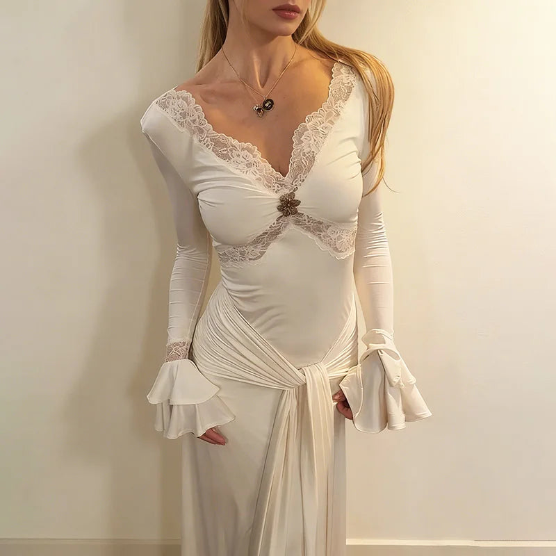 Glorol - Elegant Hollow Out V-Neck Patchwork Maxi Dress