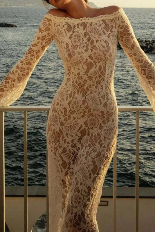 Glorol - Off Shoulder Long Sleeve Lace Slim High Waist Maxi Dress