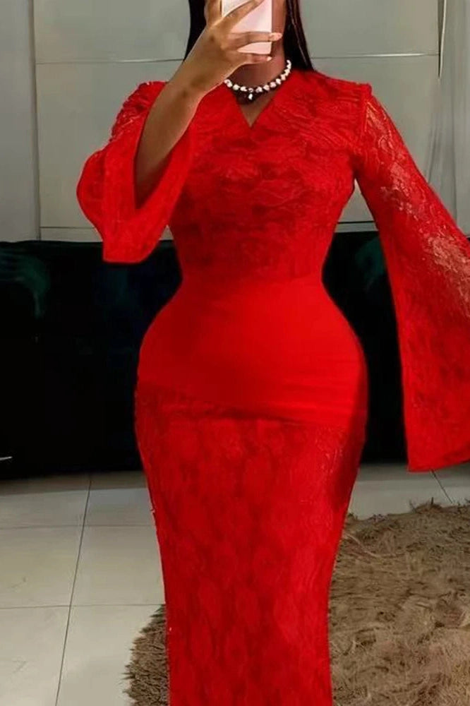 Glorol - Hollow Out Lace Flare Sleeve High Waist Slim Maxi Dress