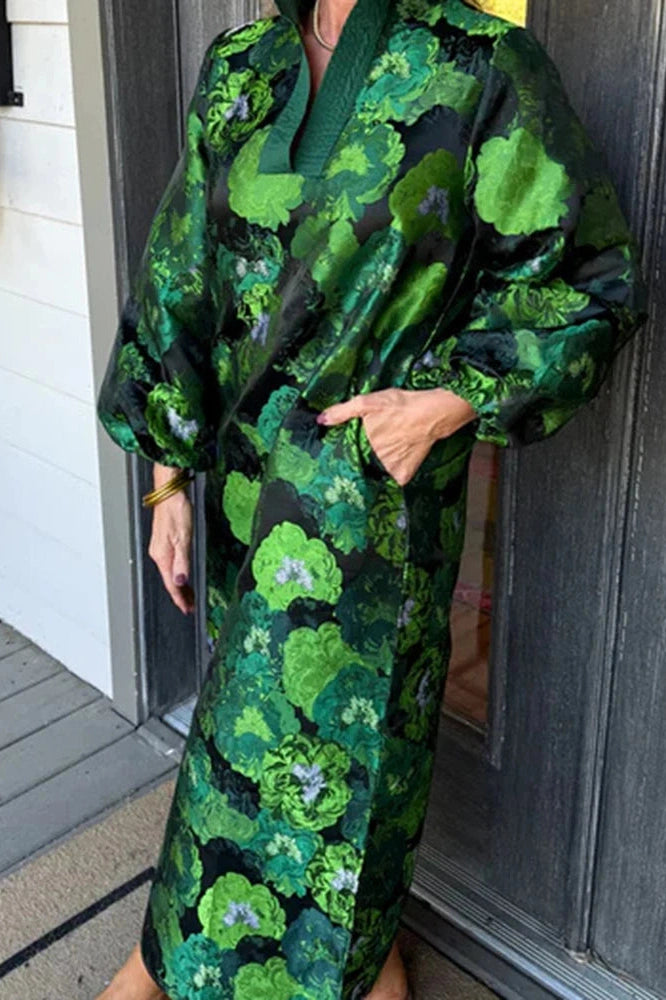 Glorol - Elegant Pocket Floral Printed Long Sleeve Loose Maxi Dress
