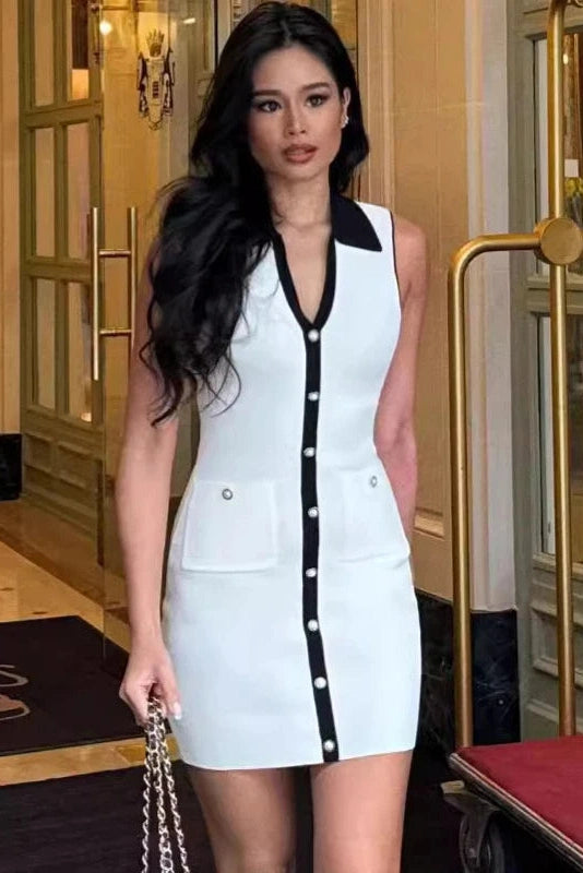 Glorol - Sleeveless Knitted Slim Single Breasted Mini Dress