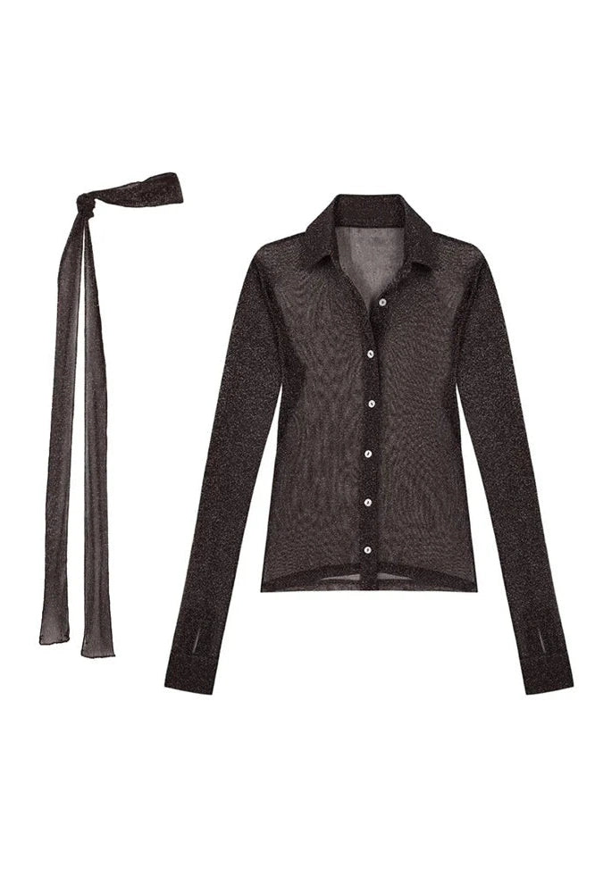 Glorol - See-Through 2 Piece Lace-Up Long Sleeve Top