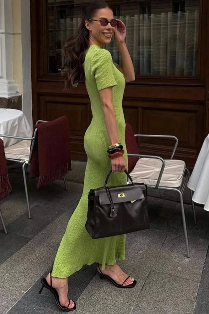 Glorol - Hollow-Out Short Sleeve Knitted Slim High Waist Maxi Dress