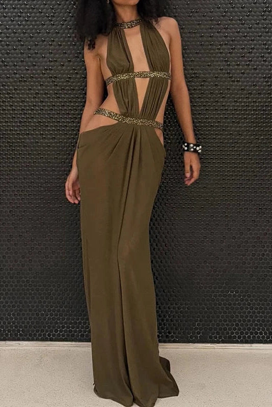 Glorol - Hollow Out Backless Sleeveless Pleated Slim Maxi Dress