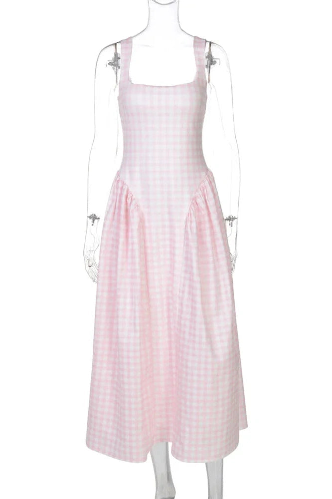 Glorol - Plaid Printed Spaghetti Strap High Waist A-line Backless Midi Dress