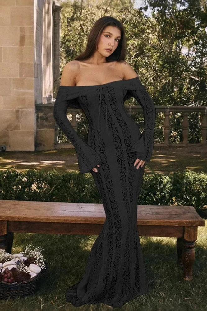 Glorol - Elegant Lace Flare Sleeve Off-Shoulder Slim Strapless Mini Dress