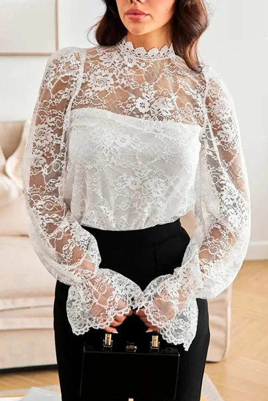 Glorol - Lace Patchwork Long Sleeve Printed Top