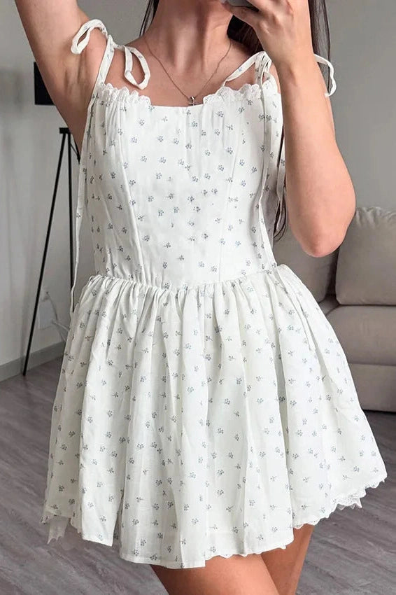 Glorol - Elegant Floral Print Pleated Straps Sleeveless Slim Mini Dress