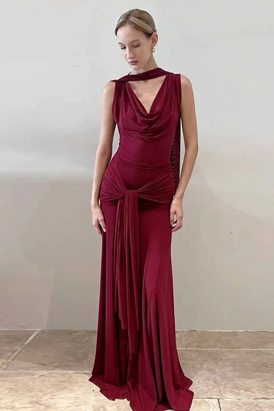 Glorol - Elegant Backless Slim V-Neck Irregular Maxi Dress