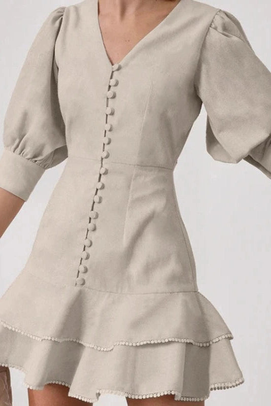 Glorol - Lantern Sleeve A-Line V-Neck Single-Breasted High Waist Mini Dress