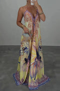 Glorol - Printed High Waist V-Neck Backless Sleeveless Loose Maxi Dress