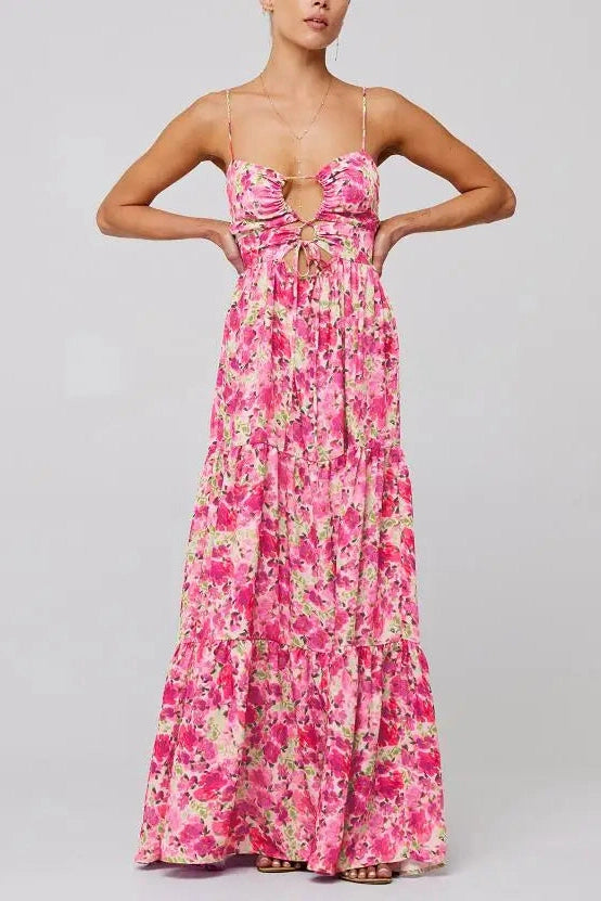 Glorol - Sleeveless Spaghetti Strap Floral Print Maxi Dress