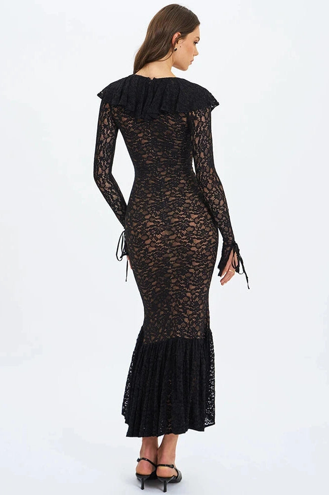 Glorol - Lace V Neck Long Flare Sleeve High Waist Maxi Dress