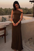 Glorol - One Shoulder Slim Sleeveless Patchwork Pleated Maxi Dress