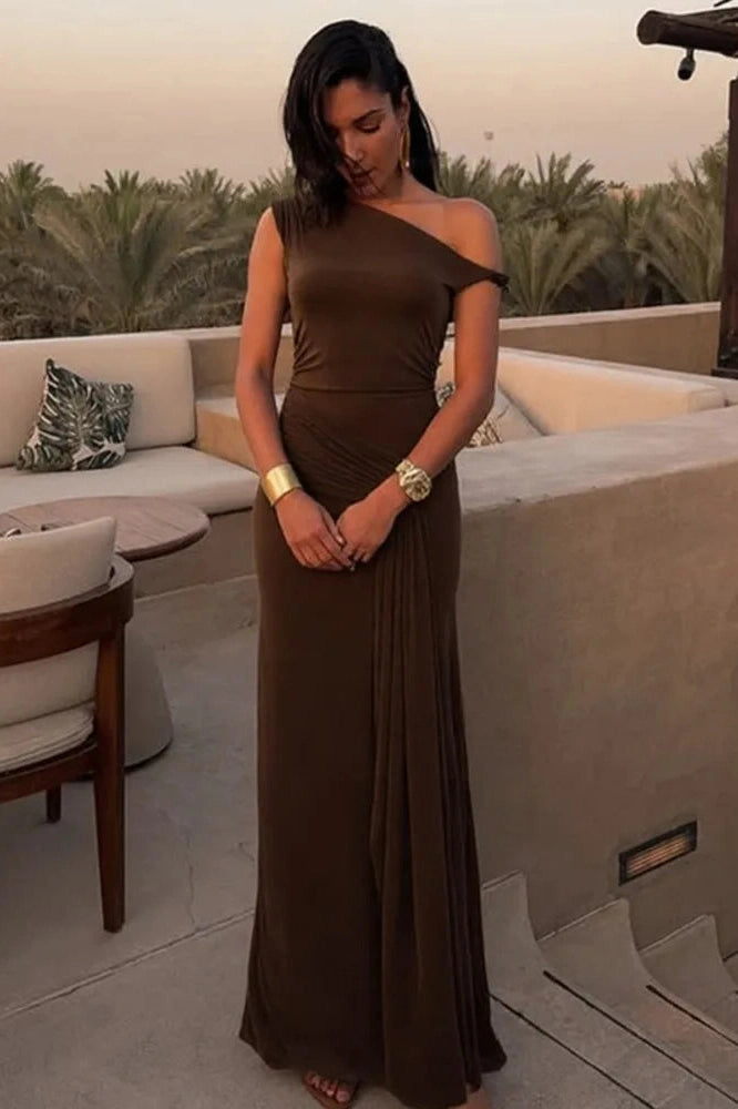 Glorol - One Shoulder Slim Sleeveless Patchwork Pleated Maxi Dress