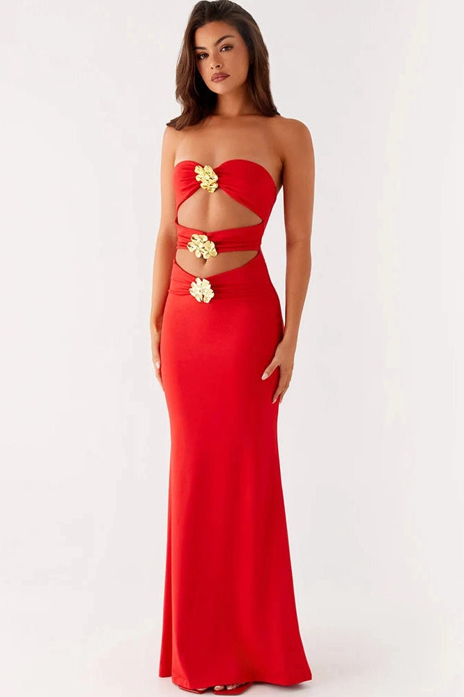 Glorol - Hollow Out Strapless Off-Shoulder Backless Bodycon Maxi Dress