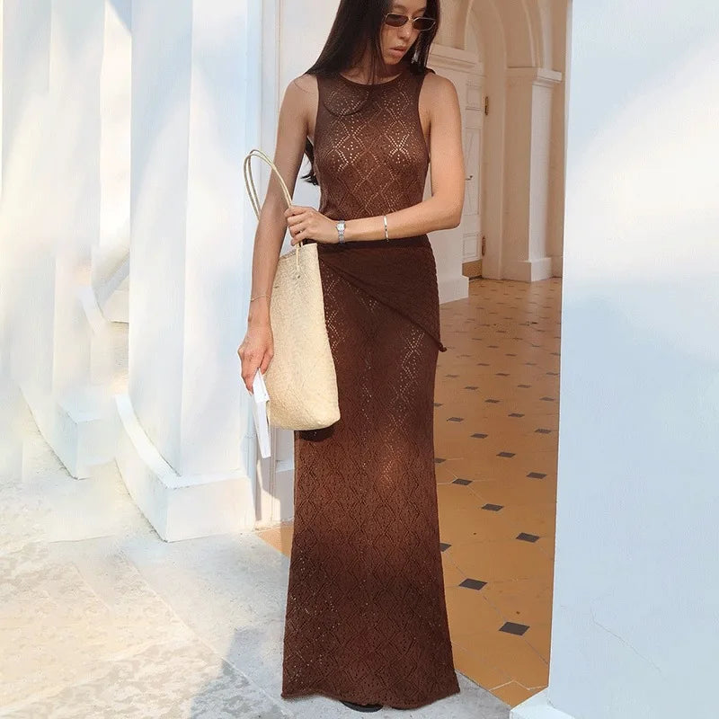 Glorol - Elegant Hollow Out See-Through Sleeveless Maxi Dress