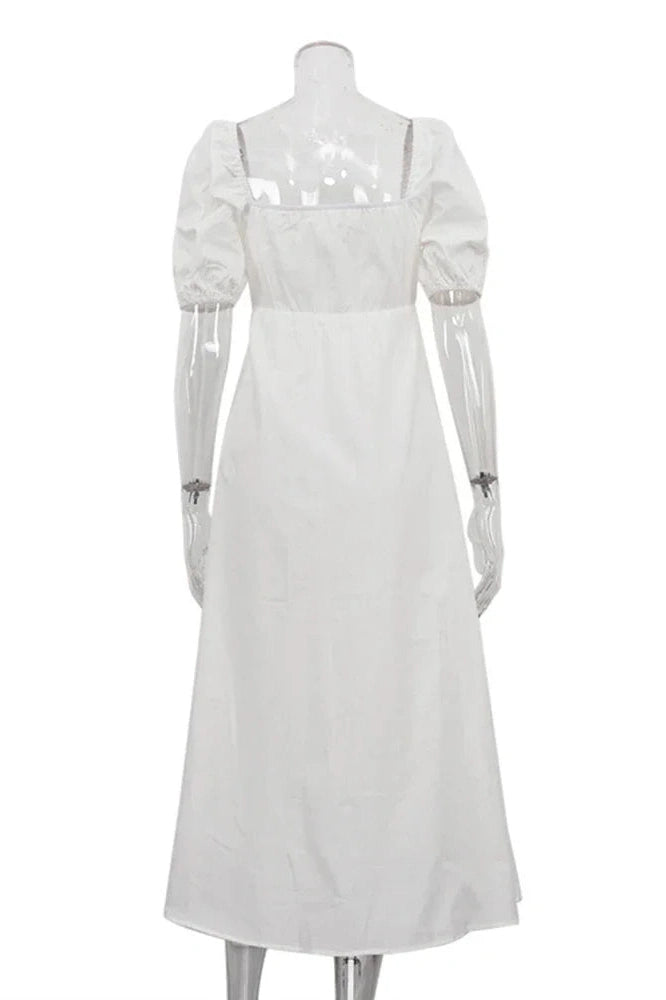 Glorol - Hollow Out Cotton Square Collar Puff Sleeve Slim A-Line Maxi Dress