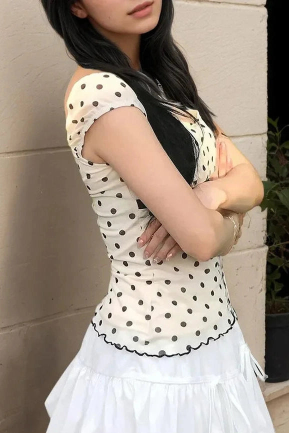 Glorol - Dot Print Slim Fit Square Neck Top
