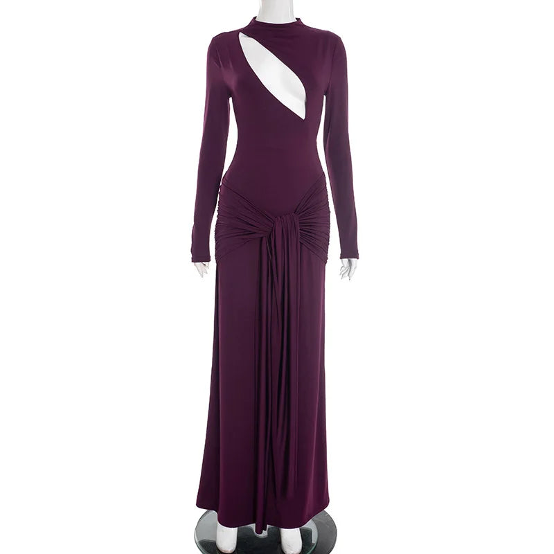 Glorol - Hollow Out Slim Long Sleeves Maxi Dress