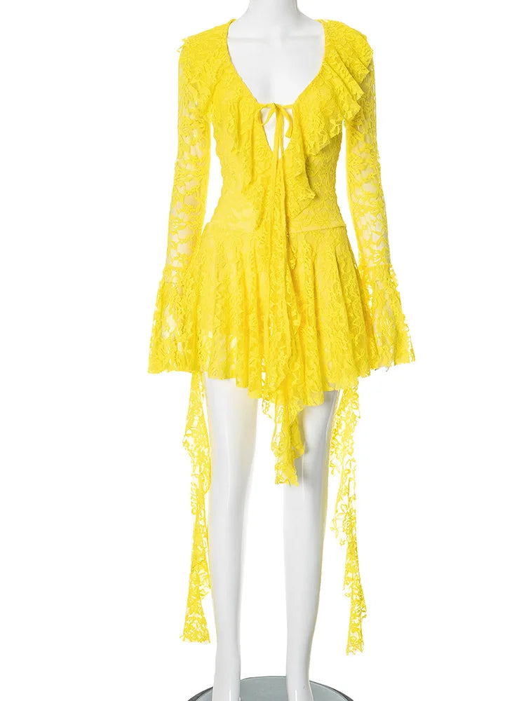 Glorol - See-Through Lace Long Sleeve V-Neck Mini Dress