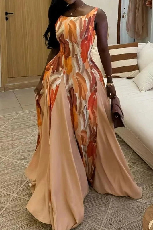 Glorol - Printed High Waist Pleated Slim Sleeveless Maxi Dress