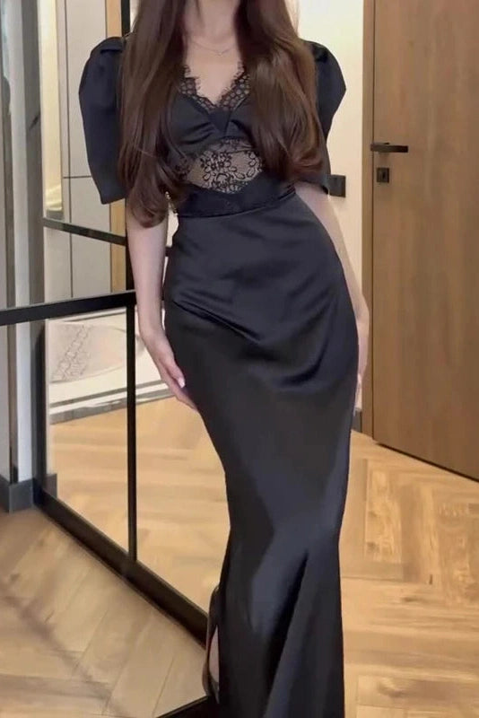 Glorol - Short Sleeve Lace V-Neck Printed High Waist Maxi Dress