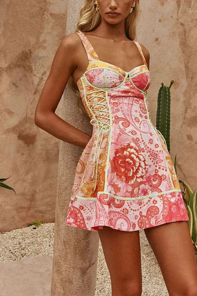 Backless Pleated Printed Sleeveless Mini Dress