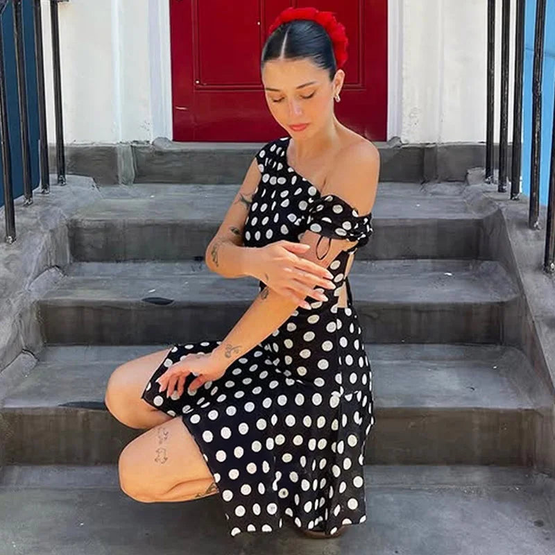 Glorol - Polka Dot Off-Shoulder Long Sleeve Patchwork Mini Dress
