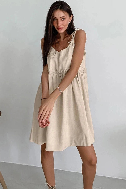 Glorol - Spaghetti Strap Loose Cotton Lace Up Mini Dress