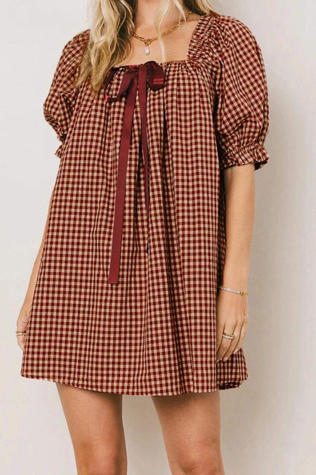 Glorol - Plaid Loose Square Neck Puff Sleeve Mini Dress