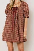 Glorol - Plaid Loose Square Neck Puff Sleeve Mini Dress