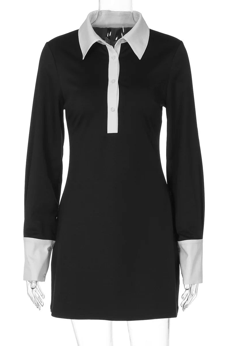 Glorol - Patchwork Long Sleeve Single-Breasted High Waist Mini Dress