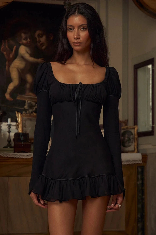 Glorol - Long Sleeve Square Collar Backless Lace-up Mini Dress