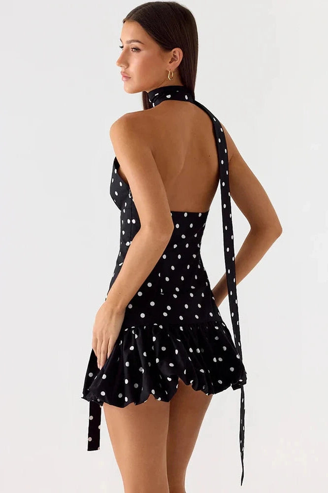 Glorol - Polka Dot Backless Off-Shoulder Sleeveless Mini Dress