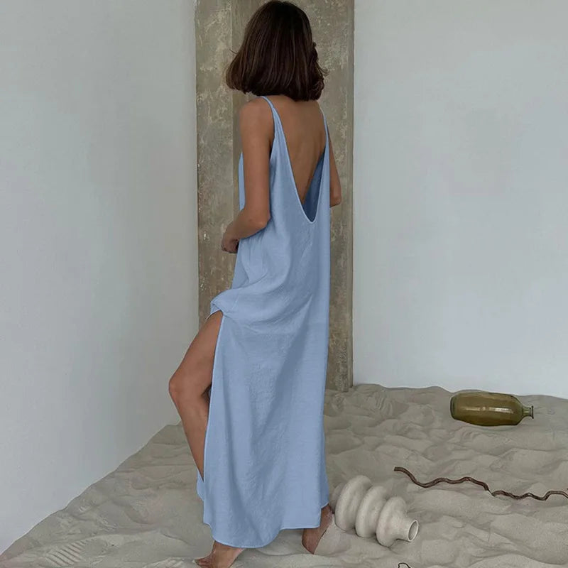 Glorol - Spaghetti Strap O Neck Sleeveless Slit Maxi Dress
